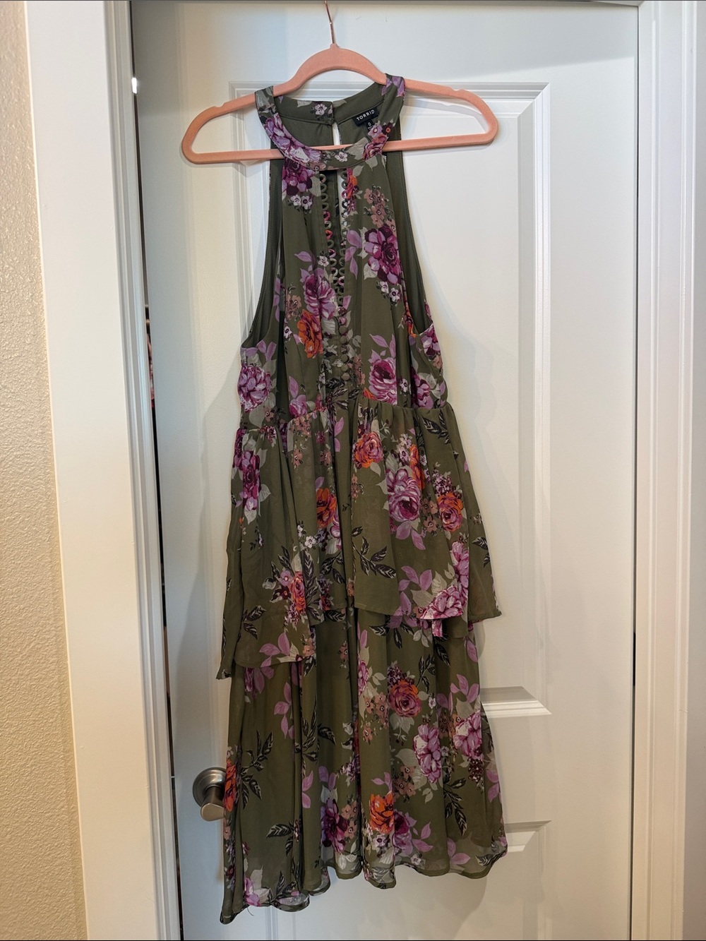 Torrid Olive Floral Chiffon Ruffle High Neck Dress Size 0 NWT